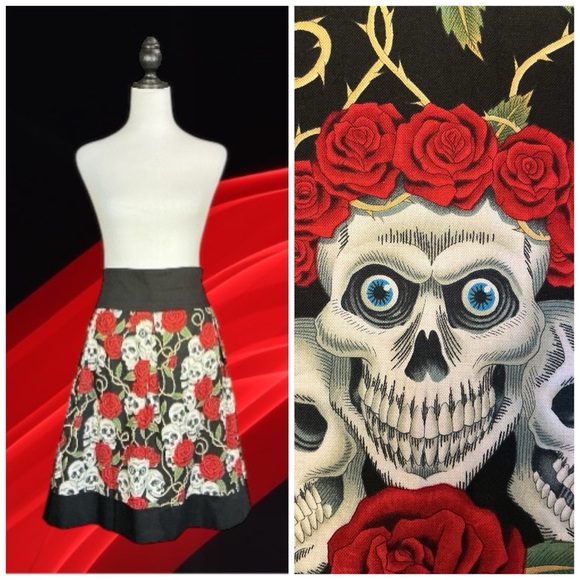 Hemet Dresses & Skirts - Hemet Black White Red Skull Rose Print Rockabilly Pinup A-Line Skirt Size XL